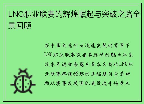 LNG职业联赛的辉煌崛起与突破之路全景回顾