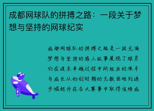 成都网球队的拼搏之路：一段关于梦想与坚持的网球纪实