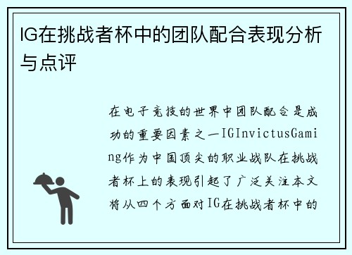 IG在挑战者杯中的团队配合表现分析与点评