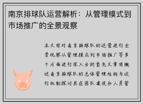 南京排球队运营解析：从管理模式到市场推广的全景观察