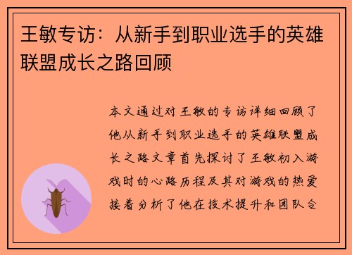 王敏专访：从新手到职业选手的英雄联盟成长之路回顾