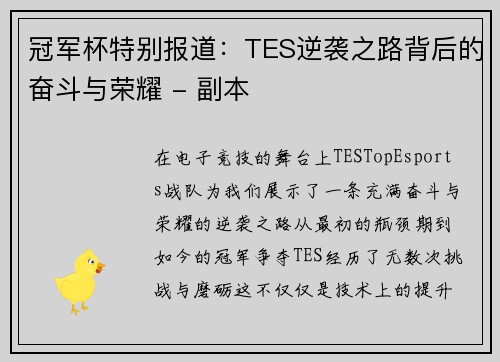 冠军杯特别报道：TES逆袭之路背后的奋斗与荣耀 - 副本